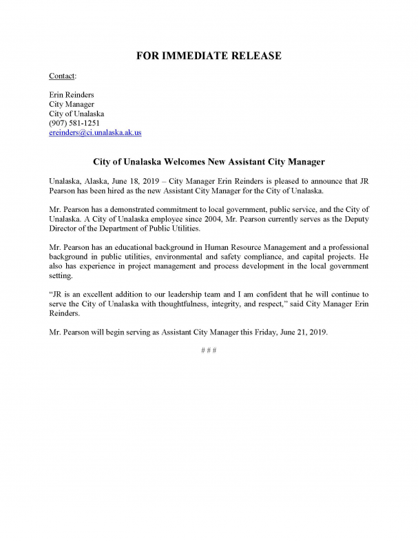 Press Release New Assistant City Manager City Of Unalaska International Port Of Dutch Harbor